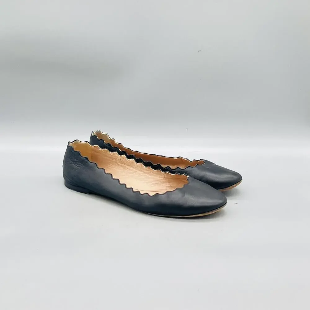Chloe Shoes Womens 7 Black Leather Lauren Ballet Flats Scalloped Slip On Comfort
